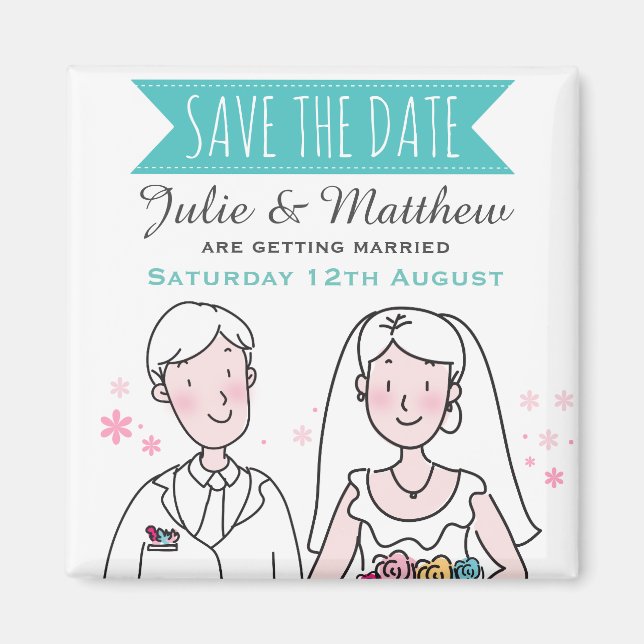Cute Wedding Couple Doodle Save the Date Custom Magnet (Front)