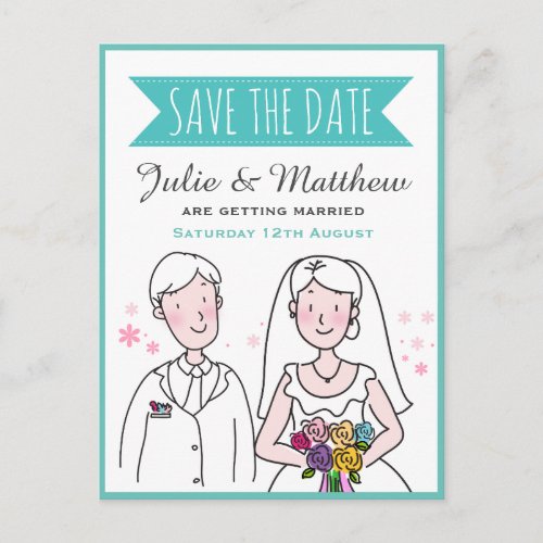 Cute Wedding Couple Doodle Save the Date Custom Postcard