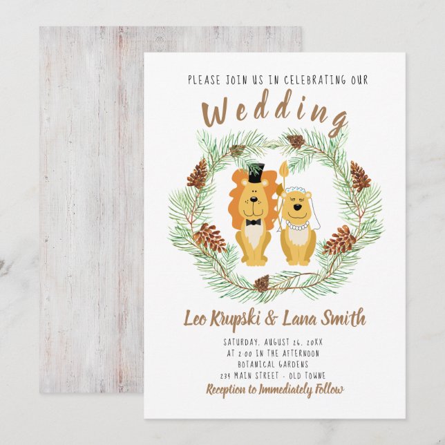 Cute Wedding Couple Lion Groom & Bride Invitation (Front/Back)