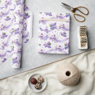 Cute Wedding Doves with Lilacs and Ribbons Wrapping Paper