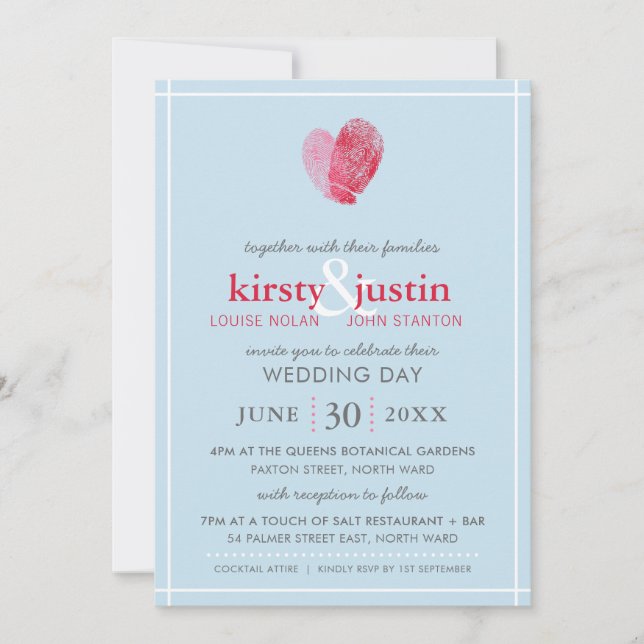 CUTE WEDDING INVITE modern fingerprint heart blue (Front)