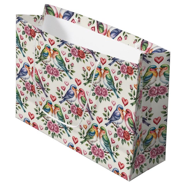 Cute Wedding love birds tiled  Large Gift Bag (Front Angled)