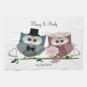 Cute Wedding Owls Personalize Tea Towel
