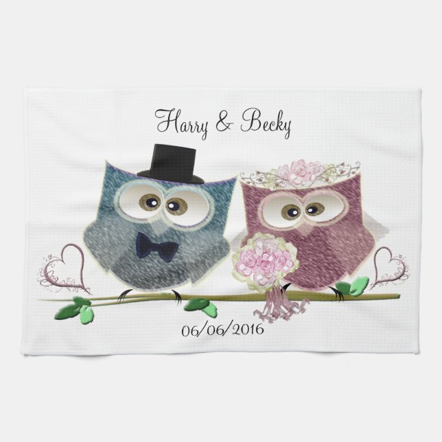 Cute Wedding Owls Personalize Tea Towel (Horizontal)