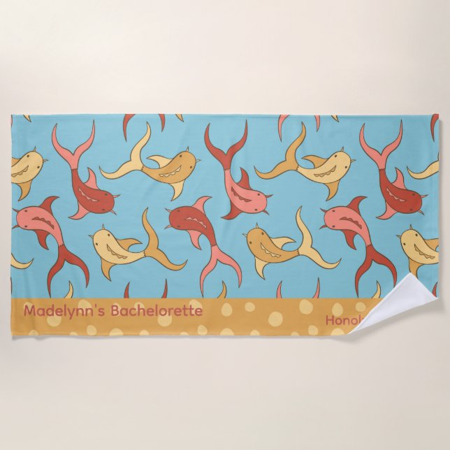 Cute Wedding Party Favor Personalized Koi Fish Beach Towel (Front)