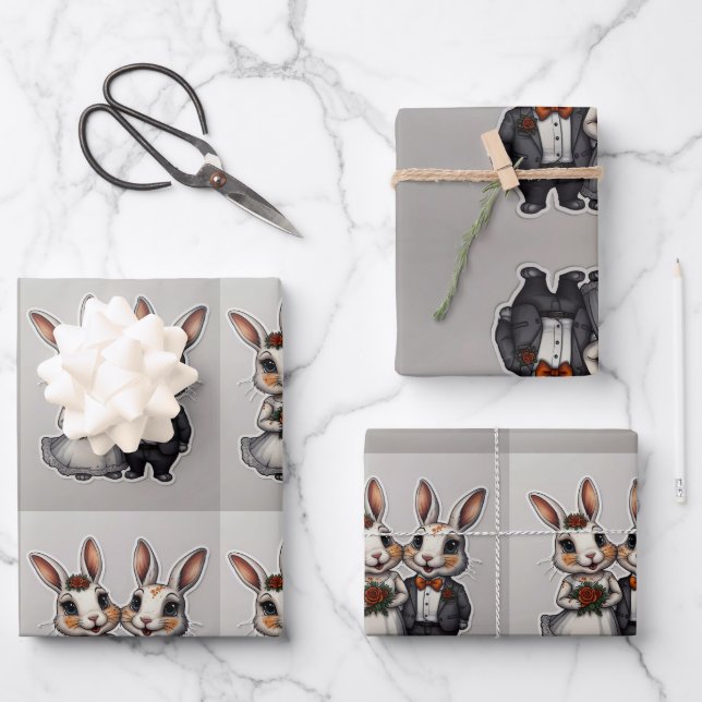 Cute Wedding Rabbit Couple with happy smiles.  Wrapping Paper Sheets (Front)
