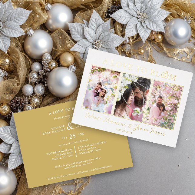 Cute Wedding Rings Sophisticated 3 Multi Photos Foil Invitation (Cute Wedding Rings Luxurious 3 Multi Photos in Real Gold Metallic Foil Invitations Cards.)
