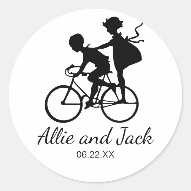 Cute Wedding Sticker with Couple on a Bicycle (Front)