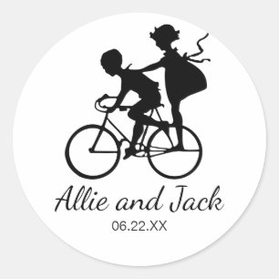 Cute Wedding Sticker with Couple on a Bicycle
