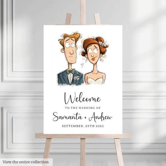 Cute Wedding Welcome Sign Quirky Watercolor Couple (Cute Wedding Welcome Sign Quirky Watercolor Couple)
