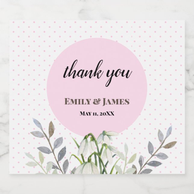 Cute Wedding White Snowdrops Pink Polka Dots Beer Bottle Label (Single Label)