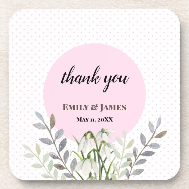 Cute Wedding White Snowdrops Pink Polka Dots Beverage Coaster (Front)