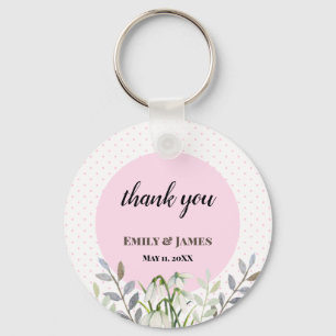 Cute Wedding White Snowdrops Pink Polka Dots Keychain