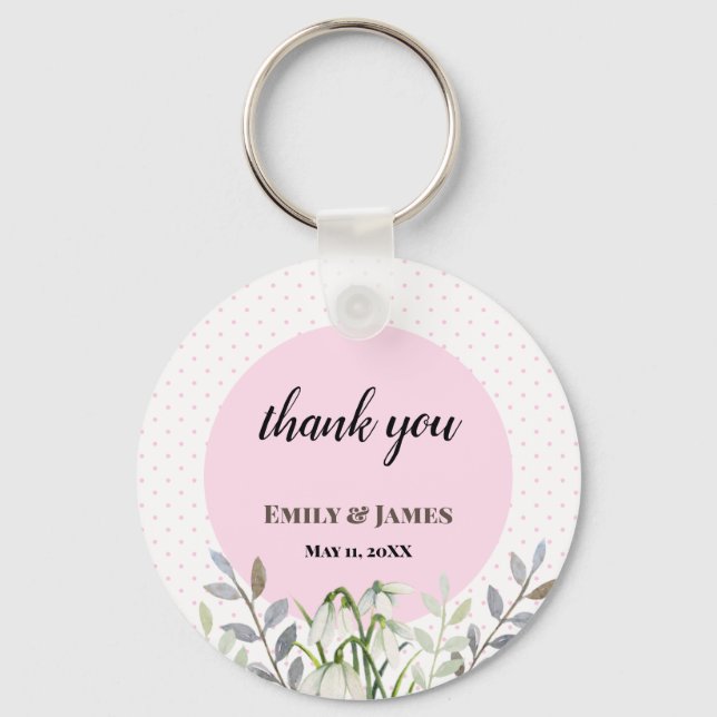 Cute Wedding White Snowdrops Pink Polka Dots Keychain (Front)