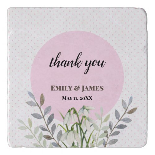 Cute Wedding White Snowdrops Pink Polka Dots Trivet