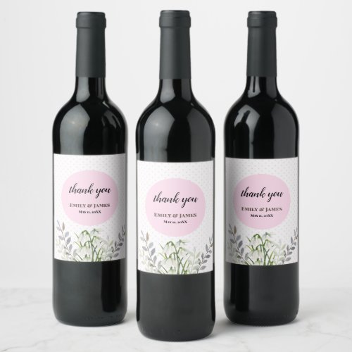 Cute Wedding White Snowdrops Pink Polka Dots Wine Label