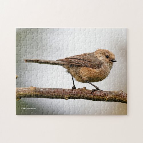 Cute Wee Bushtit Songbird on Fruit Tree Jigsaw Puzzle