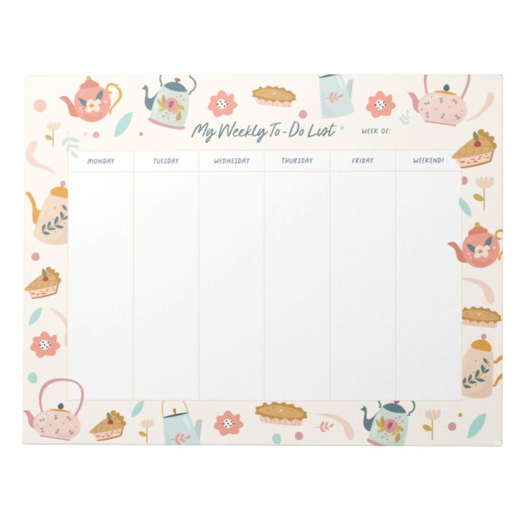 Cute Weekly Planner Tea Party Notepad