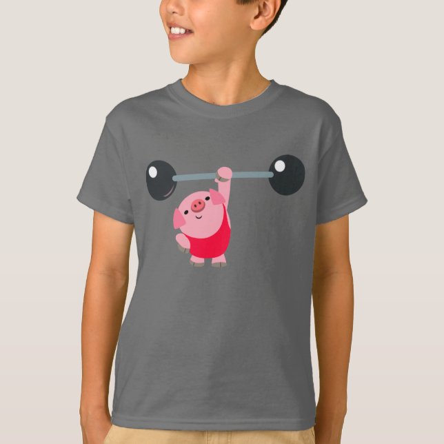 Cute Weightlifting Cartoon Pig Children T-Shirt (Front)