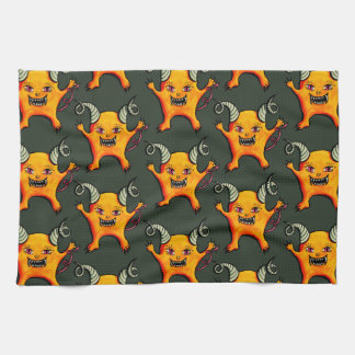 Cute Weird Horned Little Devil Creature Pattern Kitchen Towel