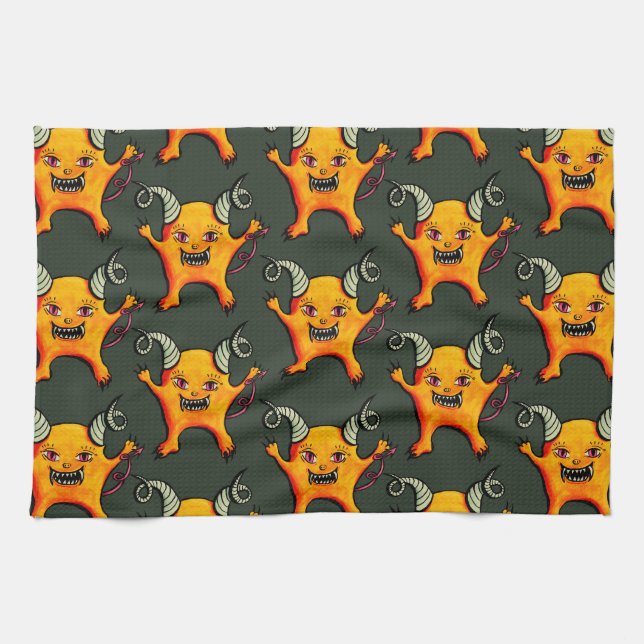 Cute Weird Horned Little Devil Creature Pattern Kitchen Towel (Horizontal)