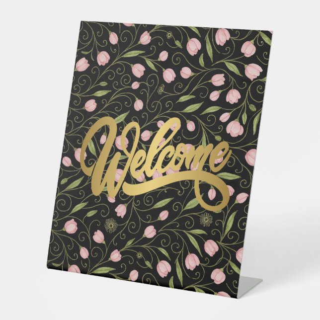 Cute, welcome flower/tulip repeating pattern  pedestal sign (Front)