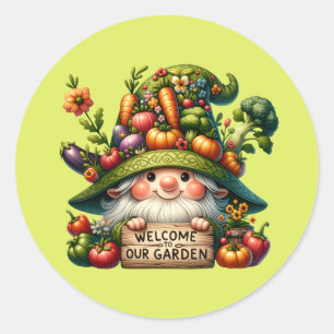 Cute welcome garden gnome  classic round sticker