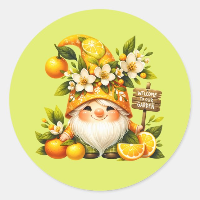 Cute welcome garden gnome  classic round sticker (Front)