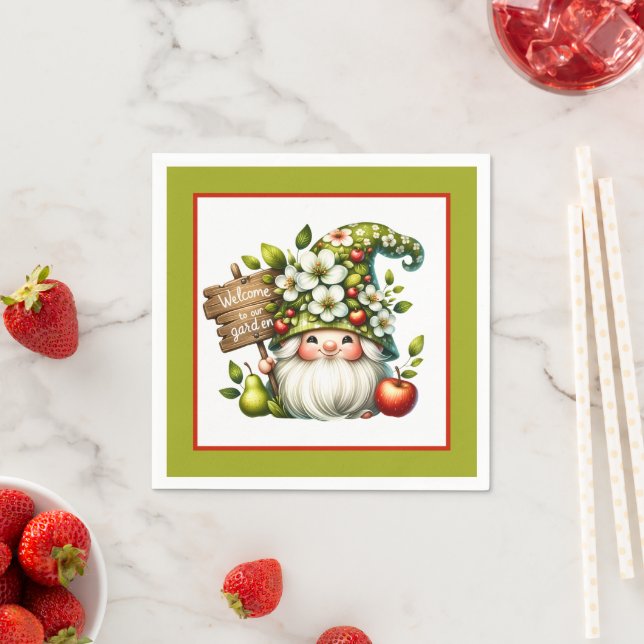 Cute welcome garden party gnome napkins (Insitu)
