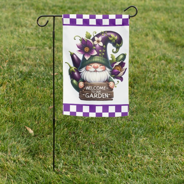 Cute welcome garden word art gnome flag (In SItu)