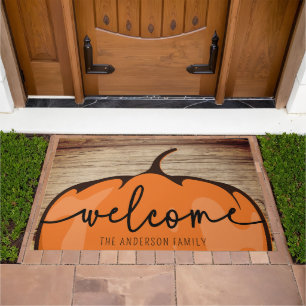 Cute Welcome Pumpkin Script Fall Rustic Wood Doormat