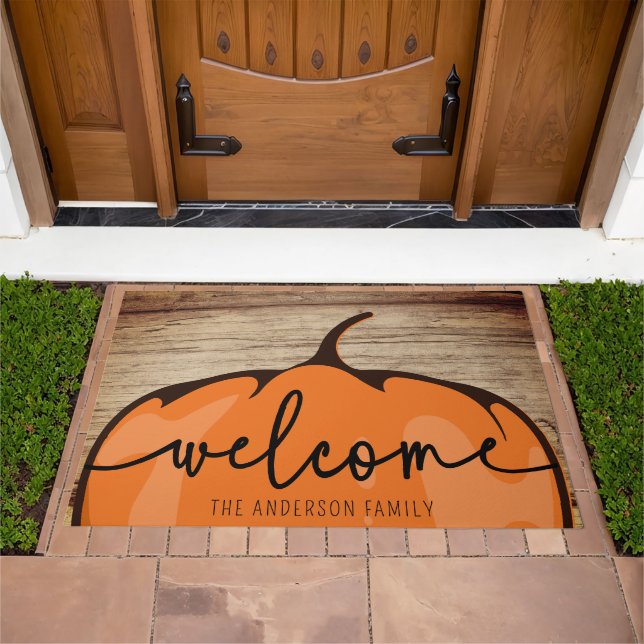 Cute Welcome Pumpkin Script Fall Rustic Wood Doormat (Outdoor)