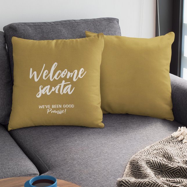 Cute "Welcome Santa" Christmas Holiday Gold Throw Pillow (Creator Uploaded)