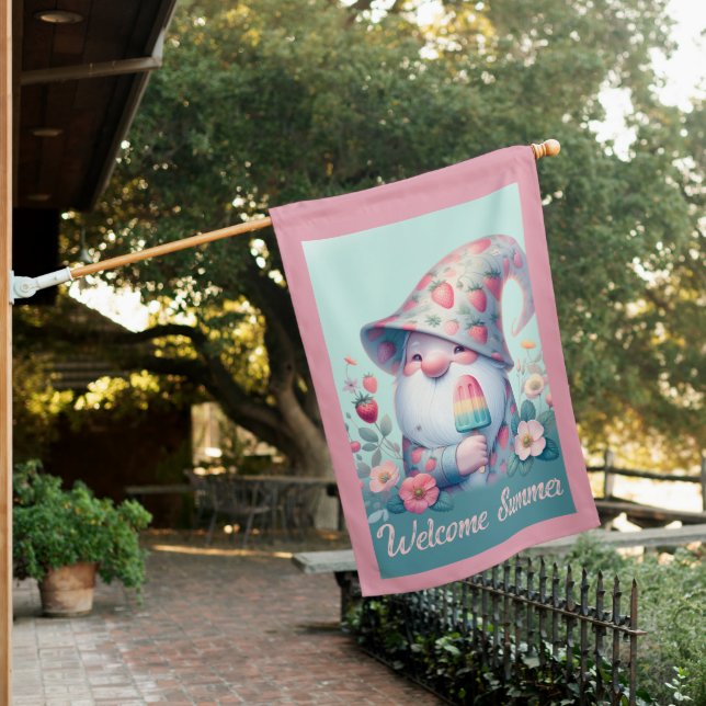 Cute welcome Summer gnome  House Flag (In SItu)