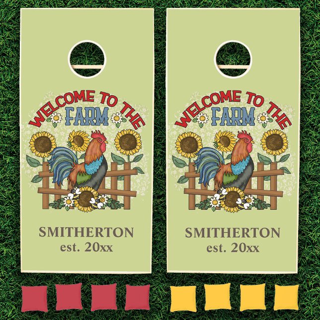 Cute Welcome to Farm Rooster Sunflowers Name Cornhole Set ("Welcome to the farm" custom cornhole set)