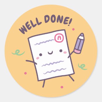 Cute Well Done Paper And Pencil Positive Reward Classic Round Sticker by RustyDoodle at Zazzle