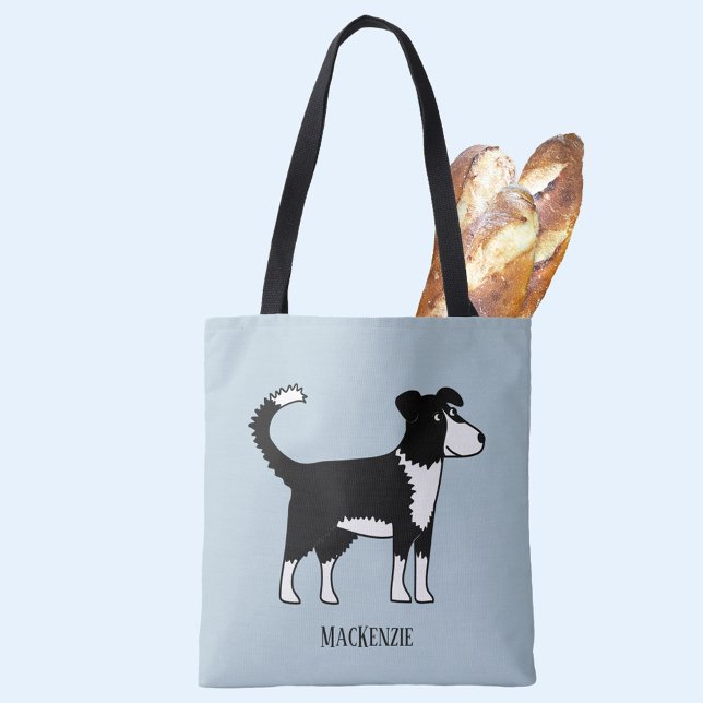Cute Welsh Border Collie Sheepdog Custom Name Tote Bag (Welsh Border Collie Sheepdog personalized name tote bag for dog lovers)