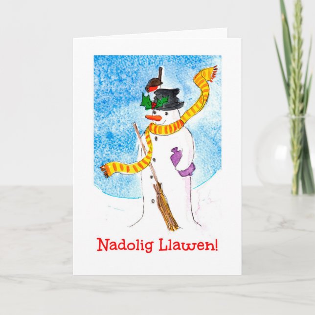 Cute Welsh Christmas Card, Snowman and Robin Holiday Card (Front)