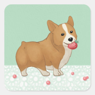 Cute Welsh Corgi and Strawberry Illustration Art Square Sticker