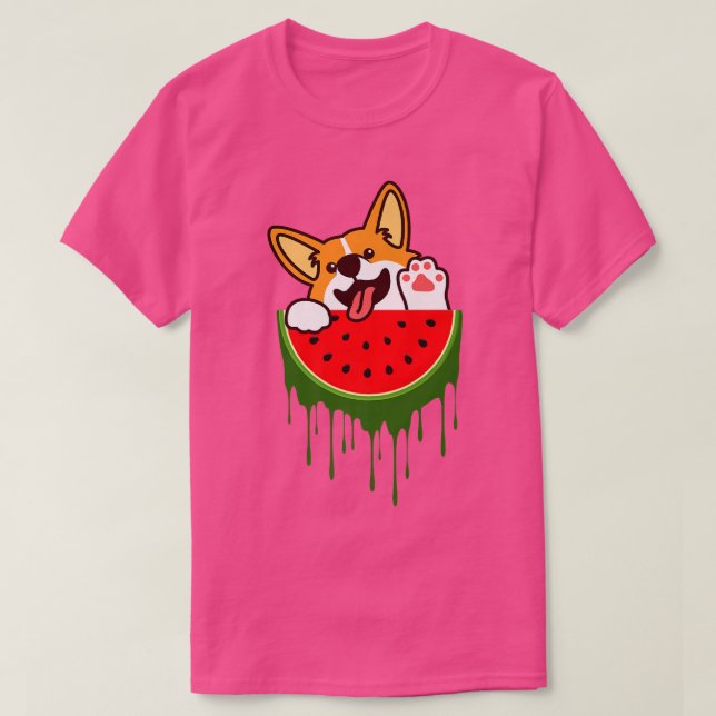 Cute Welsh Corgi Dog Watermelon Melon Tropical Fru T-Shirt (Design Front)