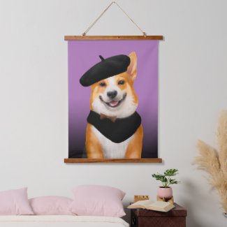 Cute Welsh Corgi Dog Wearing Beret and Bandana