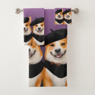 Cute Welsh Corgi Dogs Wearing Berets and Bandanas