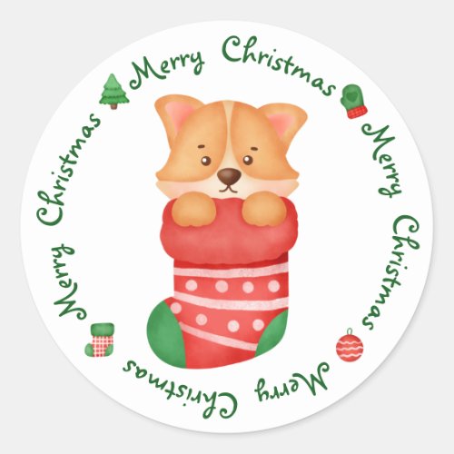 Cute Welsh Corgi Puppy Dog Festive Merry Christmas Classic Round Sticker