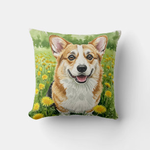 Cute Welsh Pembroke Corgi Dandelions Pillow