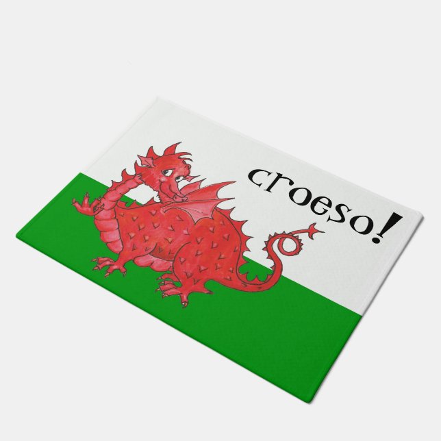Cute Welsh Red Dragon on Green, White Croeso Doormat (Angled)