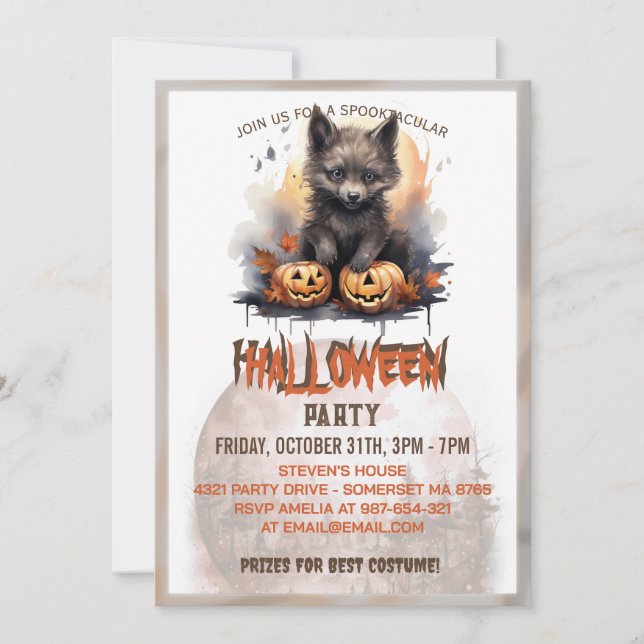 Cute Werewolf and Pumpkin  Watercolor Invitation (Front)