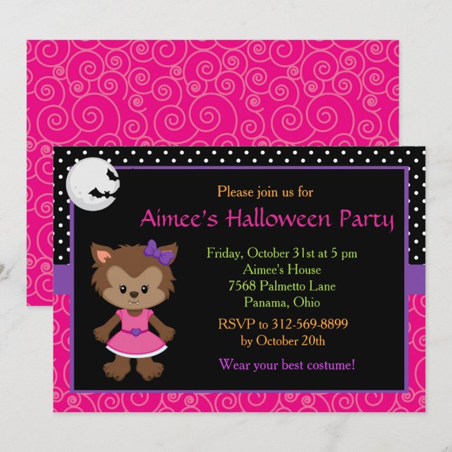 Cute Werewolf Girl Halloween Party Invitation (Front/Back)