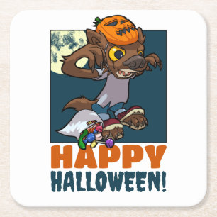 Cute Werewolf Happy Halloween! Trick Or Treat Art Square Paper Coaster
