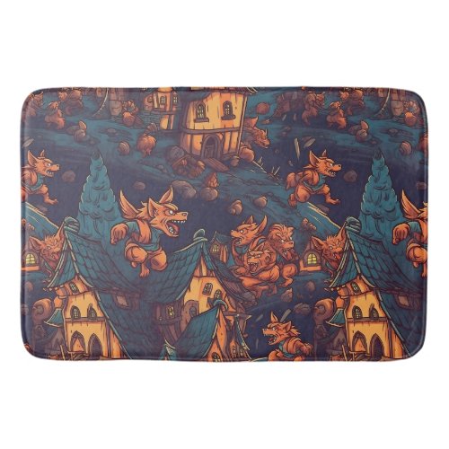 Cute Werewolves Running Around a Village Bath Mat