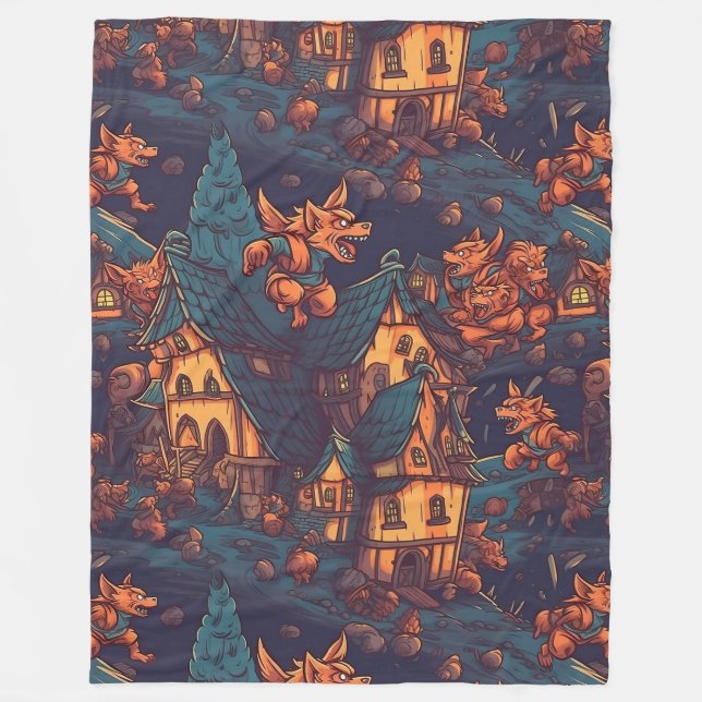 Cute Werewolves Running Around a Village Fleece Blanket (Front)